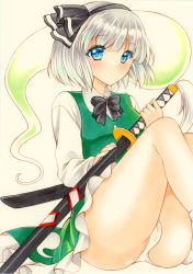 Rule 34 | 1girl, black bow, black bowtie, black hairband, black ribbon, blue eyes, blush, bow, bowtie, breasts, buttons, closed mouth, collared shirt, commentary request, dress, eyes visible through hair, frills, ghost, ghost print, green dress, grey hair, hair between eyes, hairband, hands up, highres, hitodama, hitodama print, holding, holding weapon, katana, konpaku youmu, konpaku youmu (ghost), long sleeves, looking at viewer, marker (medium), medium breasts, no shoes, o o1219, panties, puffy long sleeves, puffy sleeves, ribbon, shirt, short hair, simple background, sitting, socks, solo, sword, touhou, traditional media, underwear, weapon, white panties, white shirt, white socks, yellow background