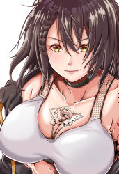 Rule 34 | 1girl, arm tattoo, azur lane, baltimore (azur lane), baltimore (black ace) (azur lane), bare shoulders, black jacket, braid, breasts, brown hair, chest tattoo, choker, collarbone, commentary request, flower tattoo, forest (4423), hair between eyes, highres, jacket, large breasts, medium hair, midriff, off-shoulder jacket, off shoulder, shoulder tattoo, smile, sports bra, tattoo, white sports bra, yellow eyes