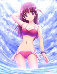 Rule 34 | 1girl, asamiya athena, bikini, breasts, day, earrings, hair ornament, jewelry, large breasts, purple eyes, purple hair, sky, smile, snk, solo, star (symbol), star hair ornament, swimsuit, the king of fighters, unikurage, water