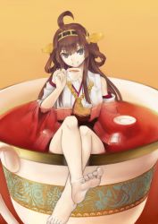 Rule 34 | 10s, 1girl, ahoge, bare shoulders, barefoot, black tea, blue eyes, brown hair, chloro phill, cup, detached sleeves, feet, grin, hairband, highres, in container, in cup, japanese clothes, kantai collection, kongou (kancolle), crossed legs, long hair, nontraditional miko, open mouth, oversized object, saucer, smile, soles, solo, tea, tea stalk, teacup, toenails, toes
