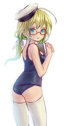 Rule 34 | 10s, 1girl, ahoge, ama-tou, aqua eyes, ass, blonde hair, blush, book, glasses, hat, i-8 (kancolle), kantai collection, long hair, one-piece swimsuit, open mouth, personification, red-framed eyewear, sailor hat, school swimsuit, short twintails, solo, swimsuit, thighhighs, twintails, white thighhighs