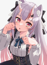 Rule 34 | 1girl, :o, absurdres, animal ear fluff, animal ears, black bow, black skirt, blue bow, blue bowtie, blush, bow, bowtie, cat ears, center frills, collared shirt, commentary request, detached sleeves, frilled shirt collar, frills, grey hair, hair bow, hands up, head tilt, high-waist skirt, highres, hololive, horns, kemonomimi mode, lolita fashion, long hair, long sleeves, looking at viewer, multicolored hair, nail polish, nakiri ayame, nakiri ayame (girly), official alternate costume, oni, overskirt, paw pose, pink nails, red eyes, red hair, shirt, sidelocks, simple background, skin-covered horns, skirt, solo, streaked hair, striped, striped bow, suspender skirt, suspenders, tagosaku (tatsukiuma0329), virtual youtuber, white background, white shirt