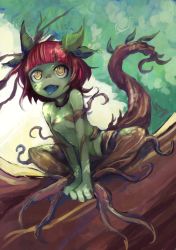Rule 34 | 1girl, breasts, colored skin, fang, female focus, green skin, highres, monster girl, no nipples, nude, original, outdoors, plant girl, red hair, roots, ruu bot, short hair, small breasts, solo, source request, tongue, tongue out, tree, v arms, yellow eyes