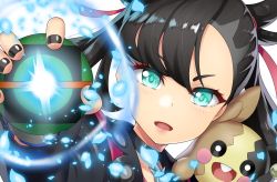 Rule 34 | 1girl, aqua eyes, asymmetrical bangs, black choker, black hair, black jacket, black nails, child, choker, clenched hand, collarbone, creatures (company), dress, dusk ball, eyelashes, fighting stance, fingernails, flat chest, game freak, gen 8 pokemon, hand up, holding, holding poke ball, jacket, leather, leather jacket, long sleeves, looking at viewer, marnie (pokemon), morpeko, nail polish, neck, nintendo, open clothes, open jacket, open mouth, outstretched hand, pendant choker, pink dress, poke ball, pokemon, pokemon swsh, punk, shiny clothes, shiny skin, standing, takurowo, twintails, undercut, upper body