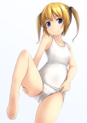 Rule 34 | 1girl, bare arms, bare legs, bare shoulders, barefoot, black bow, blonde hair, blue eyes, blush, bow, breasts, closed mouth, collarbone, commentary request, fingernails, gradient background, grey background, hair between eyes, hair bow, hand on own thigh, hand on thigh, highres, legs apart, long hair, old school swimsuit, one-piece swimsuit, original, school swimsuit, shibacha, small breasts, smile, solo, standing, standing on one leg, swimsuit, thighs, toenails, twintails, white background, white one-piece swimsuit, white school swimsuit