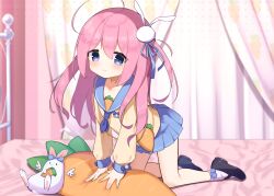 Rule 34 | 1girl, 1other, ahoge, all fours, bed, bedroom, black footwear, blue skirt, carrot, commission, hair ornament, highres, indie virtual youtuber, indoors, long hair, looking at viewer, mary janes, miniskirt, one side up, pink eyes, pleated skirt, rabbit, rabbit hair ornament, ribbon, school uniform, serafuku, shirt, shoes, skeb commission, skirt, smile, socks, stuffed toy, usagi nono, virtual youtuber, waon (43ctw), white socks, yellow shirt