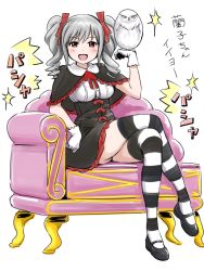 Rule 34 | 10s, 1girl, bad id, bad pixiv id, bird, brown eyes, capelet, chair, crossed legs, dress, drill hair, gloves, grey hair, hair ribbon, idolmaster, idolmaster cinderella girls, kanzaki ranko, owl, poponpin, ribbon, sitting, smile, solo, striped clothes, striped thighhighs, thighhighs, twin drills, twintails