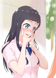 Rule 34 | 1boy, 1girl, black hair, blouse, blue eyes, blunt bangs, blush, bow, bowtie, collared shirt, day, hands on own face, heart, heart-shaped pupils, highres, long hair, looking down, open mouth, original, outdoors, pink shirt, shirt, smile, solo focus, solvalou, sweatdrop, symbol-shaped pupils