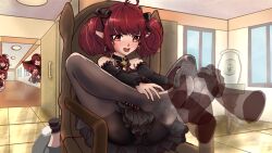 Rule 34 | 1girl, blush, chair, dungeon and fighter, enchantress (dungeon and fighter), feet, footjob, highres, long hair, mage (dungeon and fighter), open mouth, panties, panties under pantyhose, pantyhose, pantyshot, pointy ears, red eyes, red hair, soles, steam, toes, twintails, underwear
