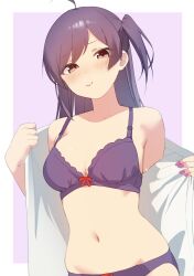 Rule 34 | 1girl, blush, bra, breasts, brown eyes, cleavage, closed mouth, hagikaze (kancolle), highres, kantai collection, long hair, looking at viewer, nail polish, one side up, open clothes, open shirt, panties, purple bra, purple hair, purple nails, purple panties, sakieko, shirt, simple background, solo, two-tone background, underwear