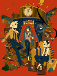 Rule 34 | 1boy, 2girls, belt, book, candle, clock, couch, desk, formal, globe, hatsune miku, high waist, kagamine len, kagamine rin, ladder, long hair, loo, multiple girls, outstretched arm, pant suit, pants, patch, patterned upholstery, pumpkin, shelf, sitting, socks, suit, twintails, very long hair, vocaloid, yellow upholstery