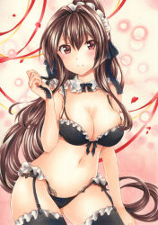 Rule 34 | 1girl, bikini, black bikini, black thighhighs, blush, breasts, brown eyes, brown hair, cleavage, contrapposto, detached collar, frilled bikini, frills, garter straps, highres, holding, kantai collection, lace, large breasts, long hair, looking at viewer, maid, maid bikini, maid headdress, navel, ponytail, saya pr, smile, solo, swimsuit, thighhighs, thighs, unconventional maid, very long hair, yamato (kancolle)