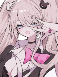 Rule 34 | 1girl, bear hair ornament, black shirt, blonde hair, blue eyes, bow, breasts, cleavage, commentary, danganronpa: trigger happy havoc, danganronpa (series), enoshima junko, gesture request, hair ornament, hand up, highres, large breasts, looking at viewer, nail polish, open mouth, pink bow, pink nails, shirt, simple background, smile, solo, twintails, upper body, white background, yonako (123456nya)