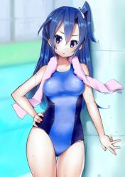 Rule 34 | 10s, 1girl, blue eyes, blue hair, blue one-piece swimsuit, competition swimsuit, half updo, hand on own hip, highres, kazanari tsubasa, long hair, nijitama shiyushiyu, one-piece swimsuit, senki zesshou symphogear, side ponytail, swimsuit, towel