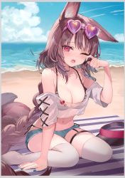 Rule 34 | 1girl, absurdres, animal ears, bare shoulders, beach, bikini, breasts, brown hair, character request, cleavage, collarbone, crop top, fang, female focus, highleg, highres, medium breasts, midriff, momoko (momopoco), navel, ocean, one eye closed, open mouth, pink eyes, sand, see-through, skindentation, solo, solo focus, stomach, swimsuit, tagme, thighhighs, white thighhighs