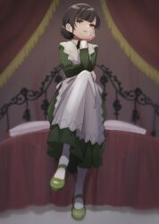 Rule 34 | 1girl, apron, black hair, brown eyes, crossed legs, dress, full body, green dress, green footwear, hand on own cheek, hand on own face, indoors, kantai collection, long sleeves, open mouth, pantyhose, shoes, short hair, sitting, solo, white apron, white pantyhose, yamashichi (mtseven), yawata maru (kancolle)