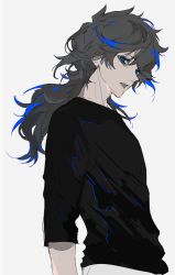 Rule 34 | 1boy, black shirt, blue eyes, copyright request, ebanoniwa, fang, grey hair, highres, long hair, looking at viewer, male focus, open mouth, shirt, simple background, solo, white background