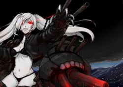Rule 34 | 10s, 1girl, abyssal ship, bikini, black bikini, black cloud, black jacket, claws, glowing, glowing eyes, glowing lines, hair over one eye, highres, huntertakumi, jacket, kantai collection, leather, leather jacket, light trail, mechanical arms, navel, ocean, open clothes, open jacket, outstretched arm, pale skin, red eyes, sneer, solo, southern ocean oni, swimsuit, teeth, thighhighs, turret, twintails, white hair, zipper