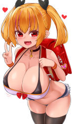 Rule 34 | 1girl, :d, backpack, bag, black bra, black thighhighs, blonde hair, blush, bow, bra, breasts, chiroshiron, choker, cleavage, cowboy shot, fang, hair bow, heart, highres, large breasts, medium hair, micro shorts, midriff, multicolored hair, open mouth, oppai loli, original, randoseru, red eyes, shorts, simple background, skin fang, smile, solo, strapless, streaked hair, thighhighs, tube top, twintails, underwear, v, v-shaped eyebrows, white background, wristband