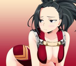 Rule 34 | 1girl, ass, bare shoulders, bent over, black eyes, black hair, boku no hero academia, breasts, carlos daniel, cleavage, closed mouth, collarbone, female focus, hair over one eye, halterneck, large breasts, leotard, long hair, looking to the side, matching hair/eyes, navel, ponytail, red leotard, revealing clothes, sleeveless, solo, superhero costume, thighs, yaoyorozu momo