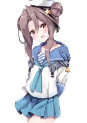 Rule 34 | 1girl, :d, alternate hairstyle, amano kouki, blue neckerchief, blue sailor collar, blue skirt, brown eyes, brown hair, collarbone, cosplay, cowboy shot, dixie cup hat, double bun, hair between eyes, hair bun, hat, highres, kantai collection, long hair, military hat, neckerchief, open mouth, pleated skirt, sailor collar, samuel b. roberts (kancolle), samuel b. roberts (kancolle) (cosplay), school uniform, serafuku, simple background, skirt, smile, solo, white background, white hat, zuihou (kancolle)