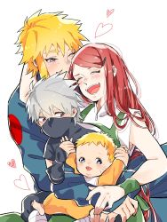Rule 34 | 1girl, 3boys, ;), arm around neck, awarinko, baby, blonde hair, blue eyes, blush, closed eyes, commentary request, facial mark, father and son, hair ornament, hairclip, hatake kakashi, heart, highres, husband and wife, long hair, mask, mother and son, mouth mask, multiple boys, namikaze minato, naruto, naruto (series), ninja, one eye closed, open mouth, red hair, sleeveless, smile, spiked hair, uzumaki kushina, uzumaki naruto, very long hair, whisker markings, wristband, zipper pull tab