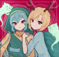 Rule 34 | 2girls, antlers, apron, aqua hair, blue shirt, commentary, drop shadow, english commentary, green headwear, hand on another&#039;s shoulder, haniyasushin keiki, harukim (kimharu606), head scarf, highres, horns, jewelry, kicchou yachie, long hair, looking at viewer, looking back, magatama, magatama necklace, multiple girls, necklace, open mouth, otter spirit (touhou), puffy sleeves, purple eyes, red background, red eyes, shirt, short hair, touhou, turtle shell, upper body, yellow shirt
