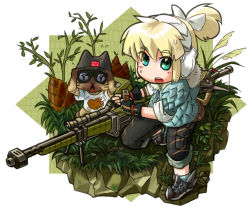 Rule 34 | 1girl, bad id, bad pixiv id, binoculars, blonde hair, boned meat, bow (weapon), capcom, crossbow, crossover, ear protection, fingerless gloves, food, gloves, green eyes, gun, iris (material sniper), material sniper, meat, monster hunter (series), monster hunter portable 3rd, reflection, reloading, rifle, scope, short ponytail, shorts, sleeveless, sleeves rolled up, sniper rifle, sweatdrop, toriny, weapon