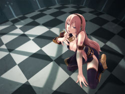 Rule 34 | 1girl, breasts, cleavage, female focus, hanji (hansi), headphones, indoors, legs, lips, long hair, megurine luka, open mouth, pink hair, small breasts, solo, thighhighs, very long hair, vocaloid