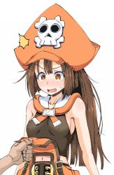 Rule 34 | 1girl, assisted exposure, blush, breasts, brown hair, covered erect nipples, embarrassed, guilty gear, guilty gear xrd, hat, may (guilty gear), midriff peek, navel, orange eyes, orange hat, pirate hat, poncocchan, ponytail, sailor collar, sideboob, skull and crossbones, sleeveless, small breasts, solo, sweatdrop