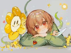 Rule 34 | 1other, blush, buttercup (flower), chara (undertale), closed mouth, crossed arms, flower, flowey (undertale), green sweater, grey background, heart, heart necklace, highres, jewelry, knife, long sleeves, looking at viewer, necklace, plant, red eyes, smile, sweater, thorns, undertale, upper body, vihua6, vines, yellow flower