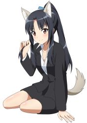 Rule 34 | 1girl, animal ears, arm support, black hair, blush, breasts, brown eyes, cleavage, closed mouth, collarbone, dog ears, dog tail, formal, full body, hair ribbon, hattori shizuka, highres, kanata mako, long hair, looking at viewer, ponytail, ribbon, simple background, small breasts, smile, solo, strike witches, suit, tail, white background, world witches series