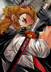 Rule 34 | 1boy, black cape, black gloves, blonde hair, cape, gloves, holding, holding sword, holding weapon, kimetsu no yaiba, long hair, looking at viewer, male focus, multicolored hair, red hair, rengoku kyoujurou, sayu090200, shirt, sleeves rolled up, solo, sword, two-tone hair, upper body, weapon, white shirt, yellow eyes