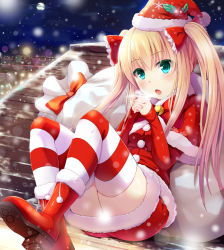 Rule 34 | 1girl, aqua eyes, bag, bell, blonde hair, boots, bow, chestnut mouth, christmas, full moon, hair ribbon, hat, interlocked fingers, long hair, long sleeves, moon, night, noe noel, open mouth, original, own hands clasped, own hands together, red footwear, ribbon, rooftop, santa costume, santa hat, shirt, sitting, skirt, snowing, solo, striped clothes, striped thighhighs, thighhighs, town, twintails, very long hair, zettai ryouiki