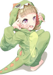 Rule 34 | 1girl, :d, absurdres, blunt bangs, blush, braid, brown hair, center-flap bangs, claw pose, dinosaur hood, full body, hashtag-only commentary, highres, hood, hood up, kachimachi kosuzu, link! like! love live!, looking at viewer, love live!, onesie, open mouth, pink eyes, side braid, simple background, smile, solo, squatting, teeth, tori (torinomorib), upper teeth only, virtual youtuber, white background
