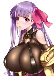 Rule 34 | 10s, 1girl, akatsuki akane, arms at sides, bad id, bad twitter id, bodysuit, breasts, covered erect nipples, fate/extra, fate/extra ccc, fate (series), hair ribbon, highres, huge breasts, lips, long hair, looking at viewer, parted lips, passionlip (fate), purple eyes, purple hair, ribbon, sleeveless, solo, upper body, very long hair