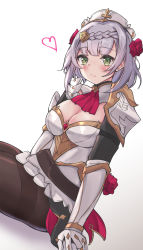 Rule 34 | 1girl, absurdres, armor, blush, breasts, brown pantyhose, cleavage, closed mouth, flower, genshin impact, green eyes, hair flower, hair ornament, heart, hido (cherryhido), highres, looking at viewer, maid, maid headdress, medium breasts, noelle (genshin impact), pantyhose, rose, short hair, shoulder armor, silver hair, simple background, smile, solo, white background