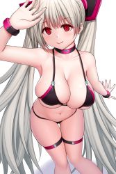 Rule 34 | 1girl, absurdly long hair, arm up, asamura hiori, bangle, bare arms, bare legs, bare shoulders, bikini, black bikini, blush, bracelet, breasts, choker, cleavage, closed mouth, collarbone, feet out of frame, from above, gradient hair, grey hair, halterneck, highres, jewelry, large breasts, leaning forward, long hair, looking at viewer, multicolored hair, navel, original, red eyes, simple background, skindentation, smile, solo, standing, stomach, swimsuit, thigh gap, thigh strap, thong bikini, twintails, very long hair, white background