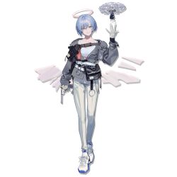 Rule 34 | 1girl, arknights, arm up, belt pouch, blue hair, carabiner, closed mouth, crop top, detached wings, drone, gloves, grey eyes, grey jacket, gun, hair between eyes, halo, head tilt, holding, holding gun, holding weapon, holster, jacket, light blue hair, looking at viewer, official art, oguchi, open clothes, open jacket, pale skin, pants, pouch, shoes, short hair, smile, sneakers, solo, spuria (arknights), standing, strap, tank top, transparent background, weapon, white gloves, white pants, wings