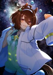 Rule 34 | 1girl, agnes tachyon (umamusume), ahoge, animal ears, brown hair, closed mouth, commentary request, earrings, emil1030 blue, green shirt, hair between eyes, hair ornament, hairband, highres, horse ears, horse girl, horse tail, jacket, jewelry, long sleeves, looking at viewer, official alternate costume, open clothes, open jacket, pantyhose, planet hair ornament, red eyes, ruisuke, shirt, short hair, single earring, sleeves past fingers, sleeves past wrists, smile, solo, star (symbol), starry background, tail, translation request, uma stars (umamusume), umamusume, upper body, white hairband, white jacket