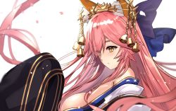 Rule 34 | 1girl, animal ear fluff, animal ears, bare shoulders, bell, blush, breasts, cherry blossoms, fate/grand order, fate (series), fox ears, from side, hair bell, hair ornament, large breasts, long hair, off shoulder, official alternate costume, open mouth, petals, pink hair, purple ribbon, ribbon, sideboob, solo, tamamo (fate), tamamo no mae (fate/extra), tamamo no mae (third ascension) (fate), untue, very long hair, white background, yellow eyes