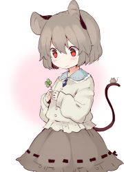 Rule 34 | 1girl, akagashi hagane, animal ears, bad id, bad pixiv id, blush, clover, four-leaf clover, grey hair, mouse (animal), mouse ears, mouse tail, nazrin, red eyes, ribbon-trimmed skirt, ribbon trim, short hair, skirt, sleeves past wrists, tail, touhou