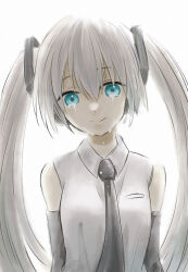 Rule 34 | 1girl, aqua eyes, closed mouth, crying, crying with eyes open, hair between eyes, hatsune miku, long hair, looking at viewer, ryunosuke0422, sidelocks, smile, solo, tears, twintails, very long hair, vocaloid, white background, white hair, yomei 2:30 (vocaloid)