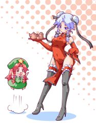 Rule 34 | 2girls, = =, alternate costume, alternate hairstyle, arms up, black thighhighs, blood, blue eyes, boots, braid, chibi, chibi inset, china dress, chinese clothes, cup, double bun, dress, ekus (xo ekus), elbow gloves, embodiment of scarlet devil, female focus, frilled legwear, gloves, hair bun, halftone, halftone background, happy, hat, high heels, hong meiling, izayoi sakuya, jumping, long hair, multiple girls, nosebleed, o/, outstretched arms, polka dot, polka dot background, red hair, shoes, short hair, shuushokuna ekus, side slit, silver hair, skirt, standing, sweatdrop, teacup, teapot, thigh boots, thighhighs, touhou, tray, twin braids