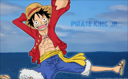 Rule 34 | 1boy, abs, black eyes, black hair, cloud, hat, highres, jumping, male focus, monkey d. luffy, ocean, one piece, open clothes, open shirt, pirate, sandals, sash, scar, shirt, short hair, shorts, smile, solo, straw hat, wallpaper