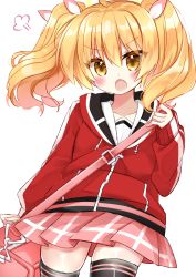 Rule 34 | 1girl, :o, ahoge, bag, black thighhighs, blonde hair, blue archive, blush, brown eyes, drawstring, hair between eyes, hair ribbon, highres, hood, hood down, hooded jacket, jacket, long sleeves, looking at viewer, open mouth, pink skirt, pleated skirt, red jacket, ribbon, shikito (yawa0w0), shoulder bag, simple background, skirt, sleeves past wrists, solo, thighhighs, twintails, v-shaped eyebrows, white background, white ribbon, yoshimi (blue archive)
