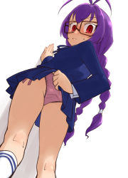 Rule 34 | 1girl, absurdres, against wall, antenna hair, arm support, ass, bad id, bad pixiv id, blue skirt, blush, braid, di gi charat, female focus, from behind, from below, glasses, highres, looking back, ogihara mach, panties, pink panties, pleated skirt, purple hair, simple background, skirt, solo, twin braids, underwear, upskirt, usada hikaru, white background