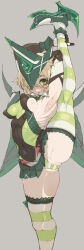 1girl absurdres akatsuki_kirika armpits blonde_hair blush breasts cameltoe covered_erect_nipples covered_navel eyelashes flexible gloves green_eyes green_leotard green_thighhighs highres impossible_clothes impossible_leotard leg_hold leg_lift leg_up leotard looking_at_viewer medium_breasts microskirt ribs rustycork senki_zesshou_symphogear shiny_skin short_hair simple_background skin_tight skindentation skirt smile solo split standing standing_on_one_leg standing_split striped_clothes striped_thighhighs thighhighs