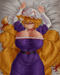 Rule 34 | 1girl, absurdres, animal ears, bad id, bad pixiv id, blonde hair, breasts, cosplay, dress, fox ears, fox tail, hat, highres, huge breasts, lying, multiple tails, on back, ourobot, solo, tail, touhou, yakumo ran, yakumo yukari, yakumo yukari (cosplay), yellow eyes