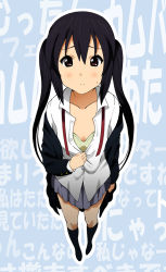Rule 34 | 1girl, black hair, bra, brown eyes, k-on!, lingerie, long hair, nakano azusa, open clothes, open shirt, perspective, school uniform, shirt, solo, text background, text focus, twintails, underwear, undressing, wall of text, yamasaki wataru